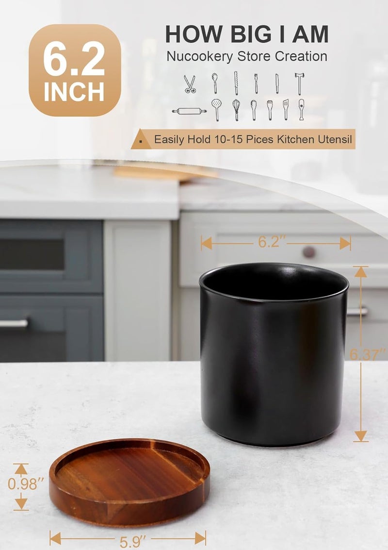 Nucookery 360°Rotating Utensil Holder, 7.2" Kitchen Utensil Crock, Ceramic Cooking Utensil Organizer with Countertop-Protection Cork Bottom for Farmhouse Kitchen Decor Christmas (Stone Black) - Image 2